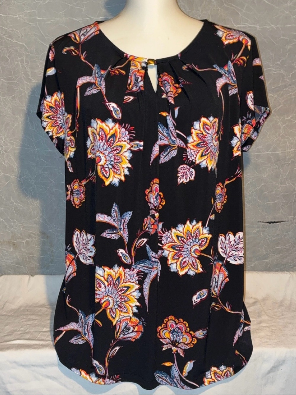 Liz Claiborne Career Black Floral Keyhole Short-Sleeve Blouse XL